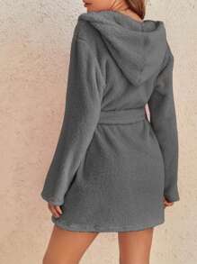 1pc Women Plush Hooded Bathrobes, Solid Color Short Warm Robes, Valentines & Christmas Gifts - Grey - View 2