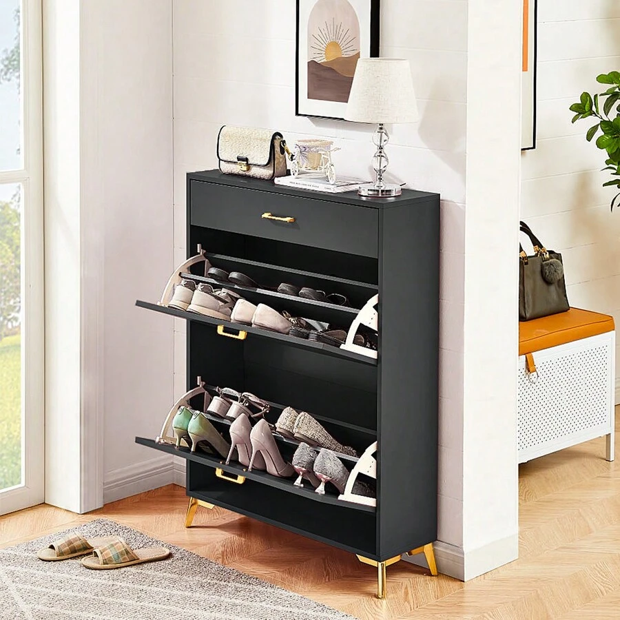 Shoe Cabinet With 2 Flip Drawers & Top Slide Drawer, Modern Slim Narrow Shoe Storage With Metal Legs,Free Standing Shoe Rack Organizer,For Entryway,Bedroom, Apartment - 黑色 - 查看 1