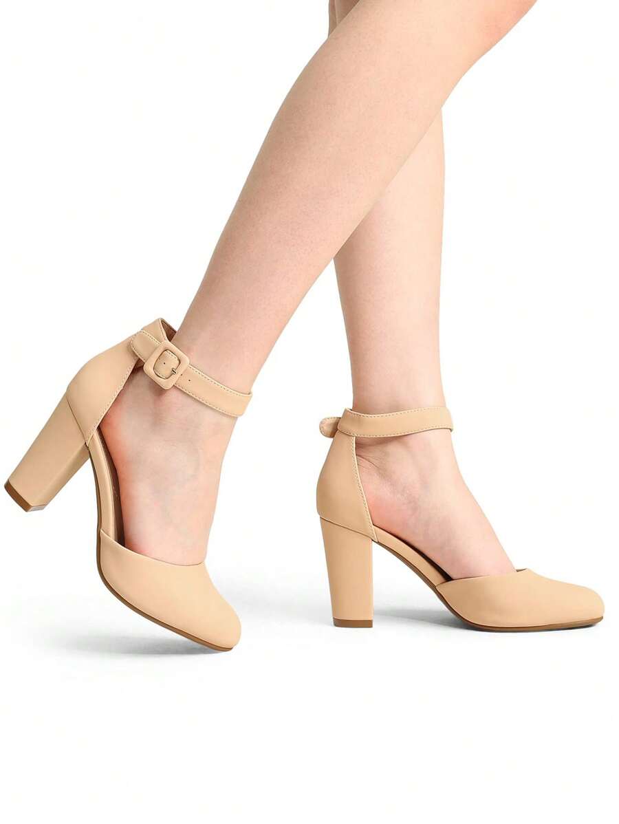Women Heel Closed Toe Chunky High Heel Ankle Strap Wedding Party Comfortable Prom Pumps Shoes - 杏色 - 查看 1