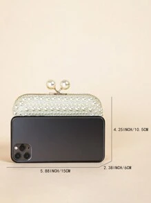 迷人整體珍珠珠光面吻鎖金屬鏈手拿包,優雅紋理框架婚禮錢包,派對舞會晚餐晚餐包 - 米色 - 查看 6