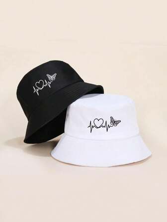 2 piezas Gorros de cubo unisex con diseño de mariposa y corazón, con estilo y calidez, adecuados para exteriores, viajes, festivales y uso casual, gran regalo para vacaciones