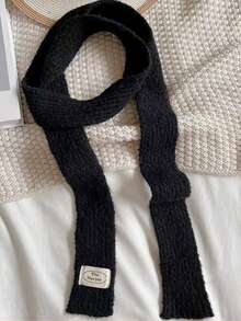 1件女士羊毛混紡柔軟頸套風格長款針織圍巾,秋冬季節款y2k風格純色薄窄圍巾 - 黑色 - 查看 5