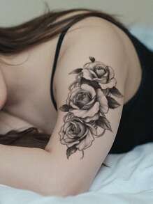 STARTTOOS 1pc Black Rose Flower & Leaf Pattern Large Temporary Tattoo Sticker For Chest, Back, Arm,Sketch Style - Black - View 3