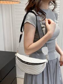 Pu閃亮面料,中性款時尚條紋設計單肩包、斜跨包、腰包、胸包 - 白色 - 查看 3