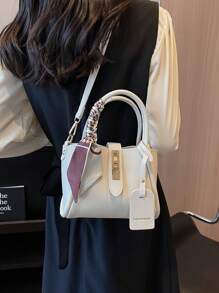 1 件时尚简约 PU 手提包，带锁扣，适合日常使用，可肩背、斜挎或手提，配有围巾，商务休闲女包，非常适合办公室商务和工作 - 米色 - 查看 4