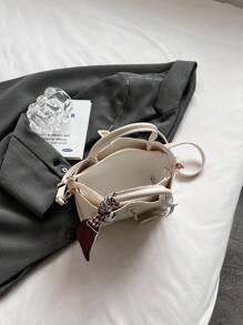 1 件时尚简约 PU 手提包，带锁扣，适合日常使用，可肩背、斜挎或手提，配有围巾，商务休闲女包，非常适合办公室商务和工作 - 米色 - 查看 5