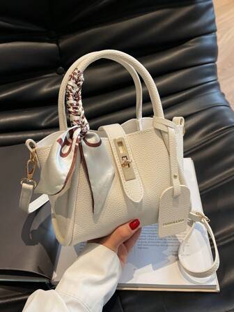 1pc Fashionable And Simple PU Tote Bag With Lock Buckle, Suitable For Daily Use, Can Be Worn Over The Shoulder And Cross-Body, Or Carried By Hand, Comes With A Scarf, Business Casual Woman Bag Perfect For Office Business And Work