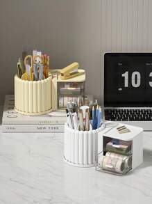 1入組旋轉式桌上文具和化妝品收納盒,大容量抽屜,化妝刷和化妝品分離,可用作儲物架 - 白色 - 查看 5