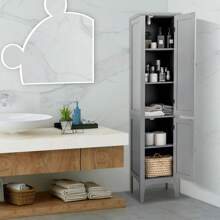 Tall Bathroom Cabinet, Tall Cabinet With 2 Doors, 5 Open Compartments, Bathroom Cabinet Bathroom Shelf For Living Room, Bathroom & Kitchen, 37 X 37 X160 Cm (Gray) - Grey - View 4