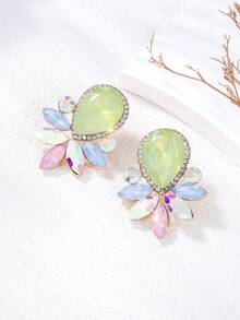 1對串珠鑲鑽迷人女式耳環,時尚派對飾品,節慶禮物 - 黃綠色 - 查看 3