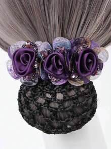 1入女士簡約優雅的絲質網眼髮網,配有三朵花,高端職業髮飾 - 紫色 - 查看 2