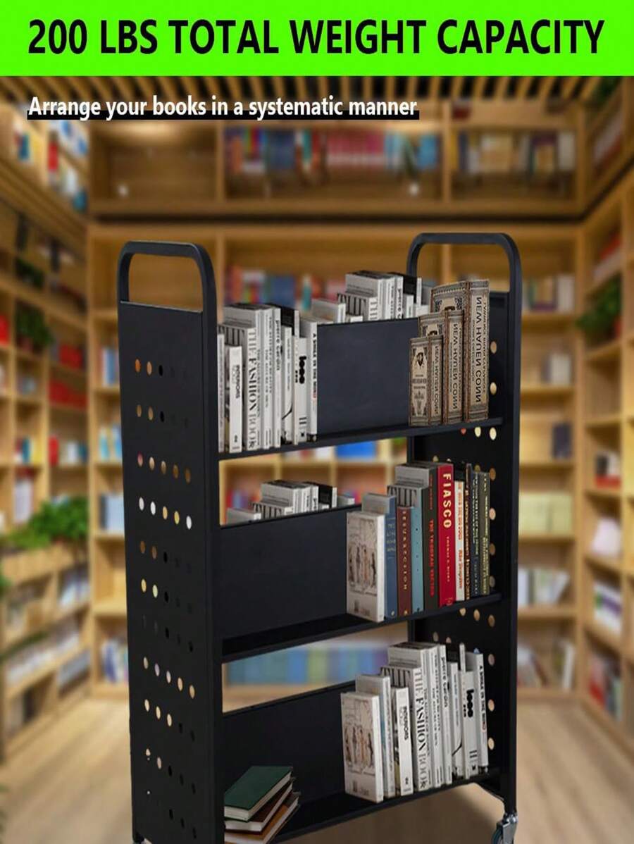 Book Cart, 200LBS Library Cart, 30x14x49 VShaped Rolling Book Cart With 4 Inch Lockable Wheels