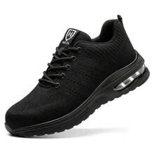 Zapatos de punta de acero para hombres y mujeres, transpirables, ligeros, cómodos, a prueba de deslizamiento, tenis de moda, con amortiguación de aire, zapatos de seguridad industrial - Negro - Ver 1