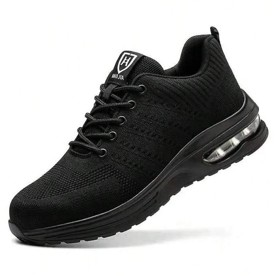 Zapatos de punta de acero para hombres y mujeres, transpirables, ligeros, cómodos, a prueba de deslizamiento, tenis de moda, con amortiguación de aire, zapatos de seguridad industrial - Negro - Ver 1