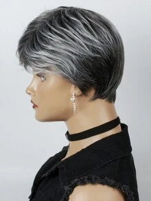 8英吋混黑灰白短髮前劉海女用日常假髮 - 彩色 - 查看 3