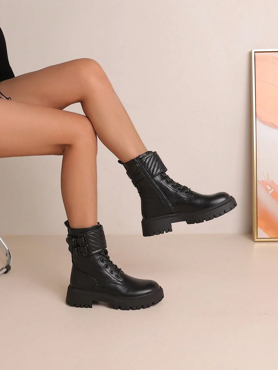 時尚女式中筒靴,女式秋冬短靴,女式潮流厚底靴 - 黑色 - 查看 1
