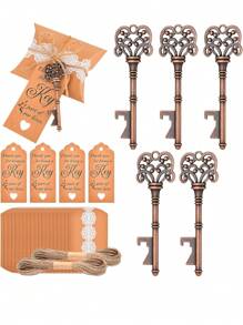 5sets-Retro Hollowed Out Skeleton Key Bottle Opener Wedding Gift Wedding Party Return Gift To Guests, Bronze Key Bottle Opener Kraft Paper Gift Bag, Hanging Card, Valentine'S Day Gift Bag - Bronze - View 1