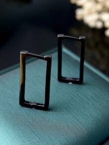 ESBERRY 1 对简约黑色几何方形耳环，女士 S925 纯银精致绅士珠宝礼物 - 槍黑色 - 查看 4