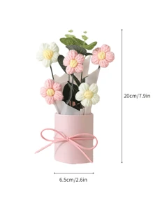 1 Set Handmade Knitted Yarn Artificial Flower Bouquet, Fabric & Knitted Man-Made Flowers, Including Paper Bucket, 5 Yarn Crochet Flowers, Suitable For Mom, Friend's, Or Anniversary Gifts, Mother's Day Gifts, Valentine's Day Gifts, Birthday Gifts, Home Decorations Graduation,Fake Plants - Pink - View 2