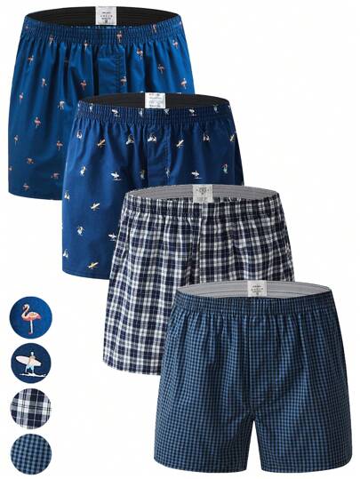 Set de 4 piezas de boxers para hombre a cuadros con estampado romántico, transpirables y cómodos