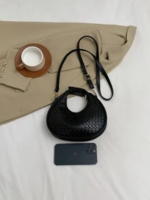 1 Pieza Bolso De Mano De Mujer Tejido De Pu De Color Sólido Con Cierre De Cremallera, Bolso De Hombro Con Forma De Media Luna De Estilo Vintage, Adecuado Para Citas, Uso Diario O Regalo