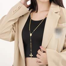 1pc Stainless Steel 6mm Large Cross Pendant Necklace With 59 Beads, Unisex For Daily Wear