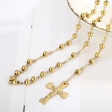 1pc Stainless Steel 6mm Large Cross Pendant Necklace With 59 Beads, Unisex For Daily Wear
