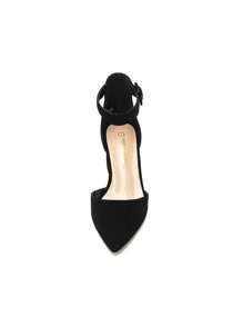 Women Pointed Toe Low Chunky Heels Pumps Ankle Strap Elegant Simple Shoes - Black - View 6