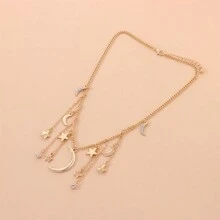 1pc All Diamond-Filled Gold-Color Women's Necklace Pendant With Tassel & Star Moon Design, Versatile For Any Occasion & Suitable As An Gift To Girlfriend - Full Diamond Star Moon Tassel Pendant - View 5