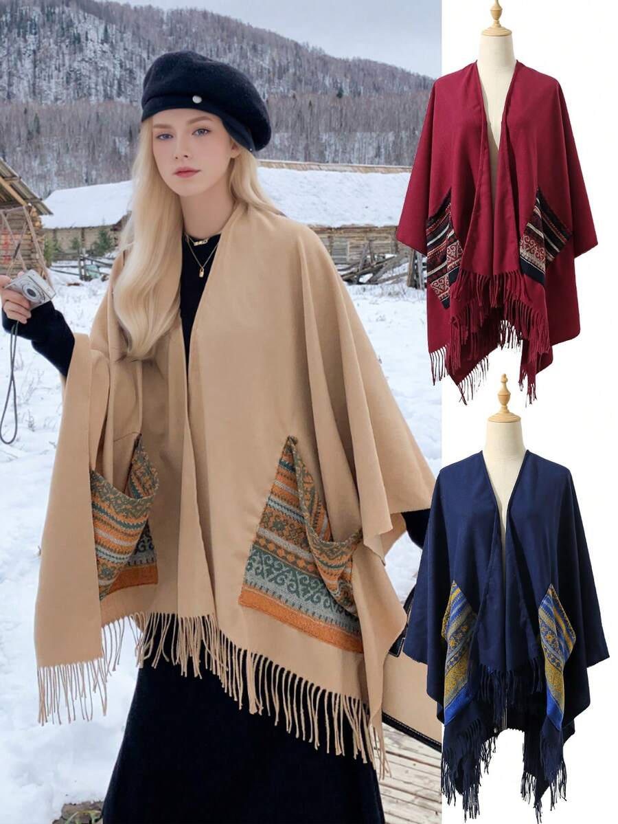 1入組女式口袋亞克力披肩圍巾,帶分裂式搭配,適合各季節穿戴 - 駝色 - 查看 1