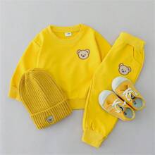 Baby Boy Solid Color Cartoon Bear Hooded Long Sleeve Top And Pants Set, Spring/Autumn (No Shoes Or Hat Included) - Yellow - View 1