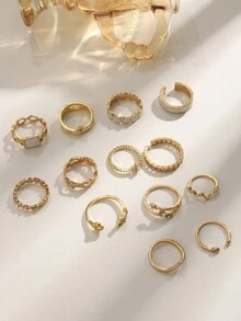 13pcs/Set Deluxe Fashionable Design Stacking Alloy Ring Set, Suitable For Women's Party Or Gathering. - Yellow Gold - View 1