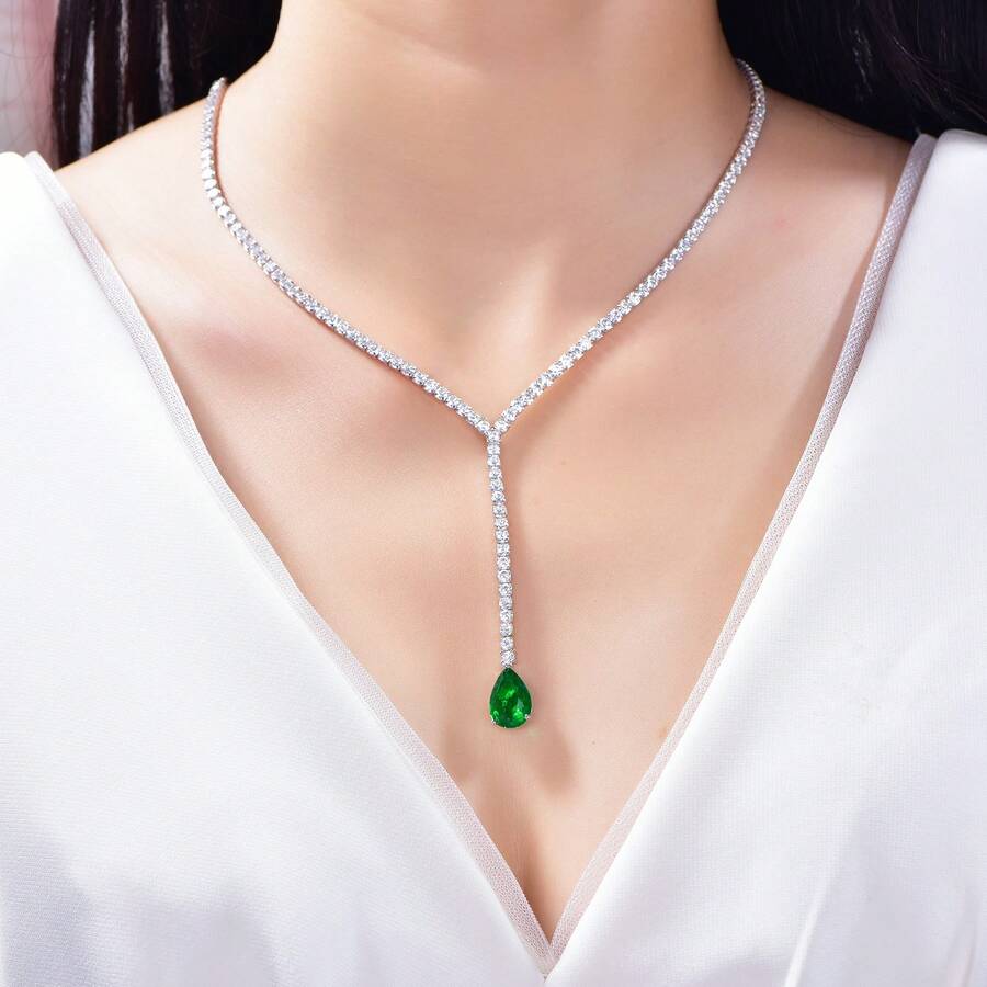 1入S925純銀豪華時尚精美優雅高級合成綠寶石裝飾的頸鍊，配有復古藝術風格，適用於婚禮、紀念日、情人節和其他場合，也是理想的禮物選擇，附贈禮盒包裝。 - 白色 - 查看 1