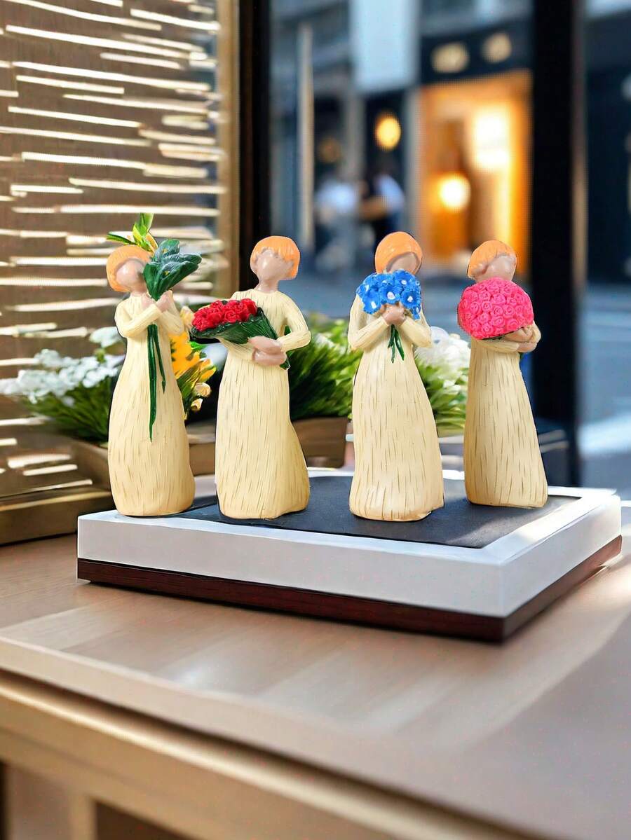 4入情人節主題樹脂藝術裝飾雕像,帶有花束和木雕靈感設計 - 彩色 - 查看 1