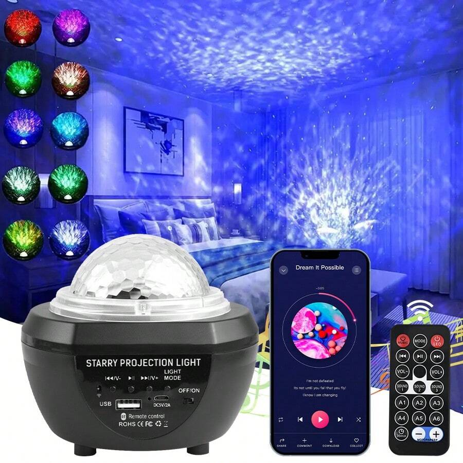 1個星形投影燈帶7種顏色模式和遙控器,可播放音樂的led迷你星形燈,多功能極地投影夜燈,適合卧室氛圍 - 星空海洋燈光(可播放音樂) - 查看 1