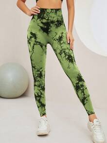 Women's Seamless Tie Dye Yoga Pants, High Waist Tummy Control Sports Leggings - Green - View 3
