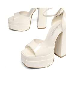 Women Fashion Ankle Strap Platform Chunky Heeled Sandals, Sexy Open Toe Ultra High Heel Sandals For Festival Party, Nightclub And Daily Wear - 米色 - 查看 2