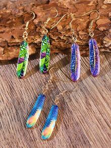 1對復古羽毛造型耳環,創意設計羽毛和葉子造型吊墜,適合女性 - 藍色 - 查看 1
