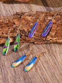 1對復古羽毛造型耳環,創意設計羽毛和葉子造型吊墜,適合女性 - 藍色 - 查看 9