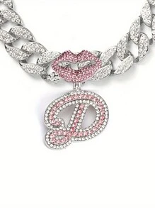 CVNANA 1 Stück Glänzende Sexy Rosa Lippe 26 Englische Buchstaben-anhänger-halskette Mit Eiskette Für Männer Und Frauen, Hip-hop-charm-halskette - silberrosa - Übersicht 19