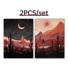 2 Packs Canvas Poster Day And Night Western Desert Landscape Print, Cactus Wall Canvas Art, Bohemian Sun And Moon Abstract Mural For Bedroom, Living Room Home Decor, Unframed - Multicolor - View 4