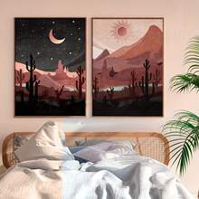 2 Packs Canvas Poster Day And Night Western Desert Landscape Print, Cactus Wall Canvas Art, Bohemian Sun And Moon Abstract Mural For Bedroom, Living Room Home Decor, Unframed - Multicolor - View 1