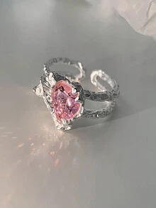 S925銀粉紅鑽石愛心開口戒指，簡約風格，獨特設計和輕奢風格，適合作為食指戒指 - 銀色 - 查看 3