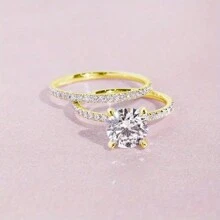 經典圓形鋯石女戒指套裝,適合日常佩戴 - 金黃色 - 查看 2