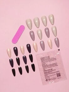 24 cái/bộ Phong cách cổ điển Hạnh nhân Hình dạng Móng tay giả In Nhiều loại Màu sắc Bao gồm Thanh lịch Tím , & Nguyên chất Màu hạt dẻ , Kết hợp Với Thạch Móng tay Keo dính & Giũa móng tay Đối với Phong cách ins Nghệ thuật làm Móng - Nhiều màu - Xem 6