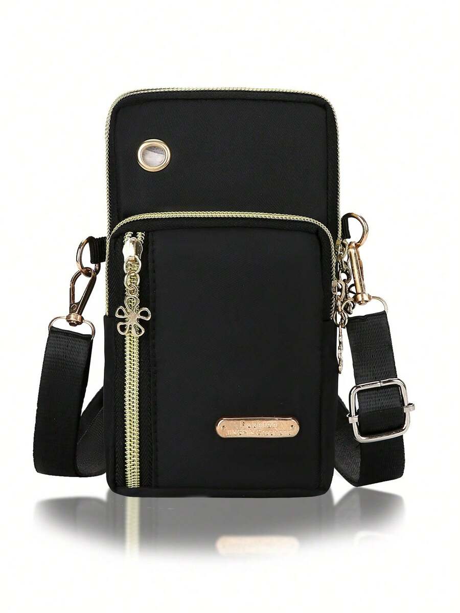 運動跑步臂帶袋,迷你尼龍斜挎手機袋,多拉鍊錢包女性適用 - 黑色 - 查看 1