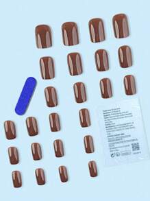 24 件长方形巧克力棕色假指甲套装，适合女士和女孩，按压式指甲，美甲用品，指甲 - 巧克力棕 - 查看 2