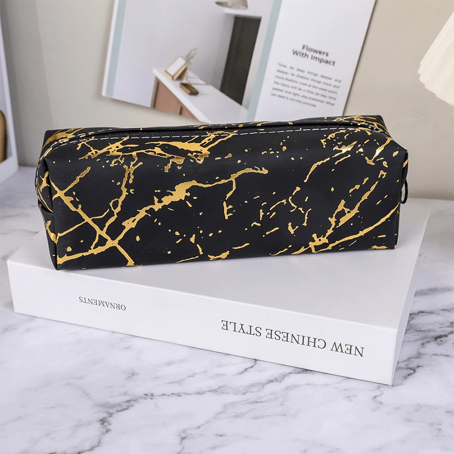 1pc Minimalist Pu Material Marble Pattern Pencil Case - Black - View 1