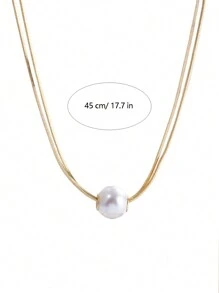 1pc Gold-Plated Fashionable Titanium Steel Double-Layer Faux Pearl Necklace For Women, Valentine's Day Valentines,Mom,Mother,Mother's Day,Gift - Gold - View 4