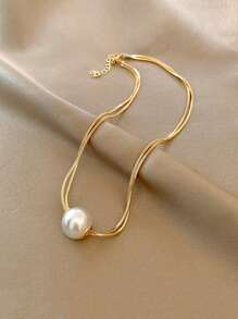 1pc Gold-Plated Fashionable Titanium Steel Double-Layer Faux Pearl Necklace For Women, Valentine's Day Valentines,Mom,Mother,Mother's Day,Gift - Gold - View 2